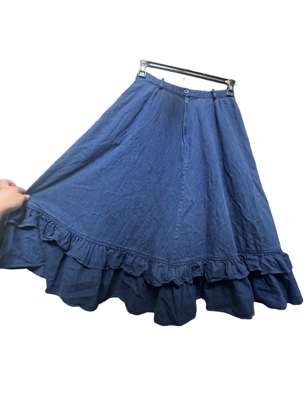 Vintage Circle T Cotton Denim Tiered Ruffle Midi Skirt, western boho - Picture 7 of 10